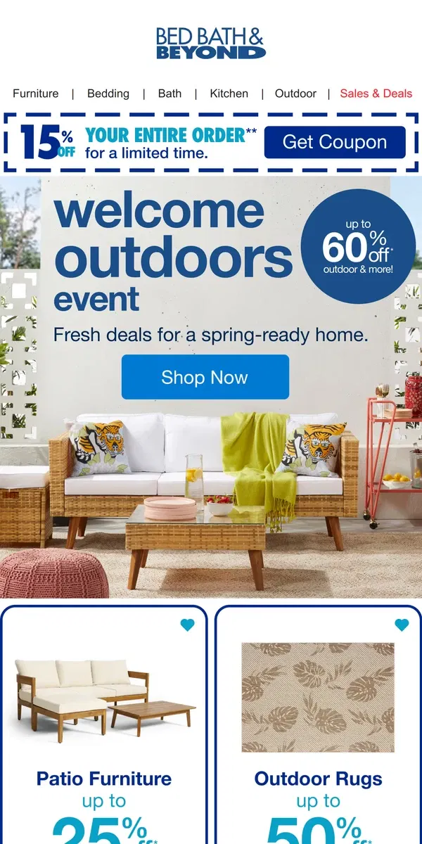 Email from Bed Bath & Beyond. The Welcome Outdoors Event Starts NOW ☀️🌳