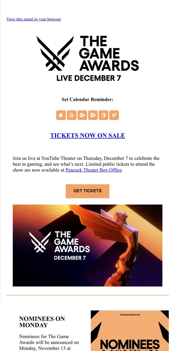 Email from The Game Awards. 🎟️ The Game Awards - Tickets Available Now