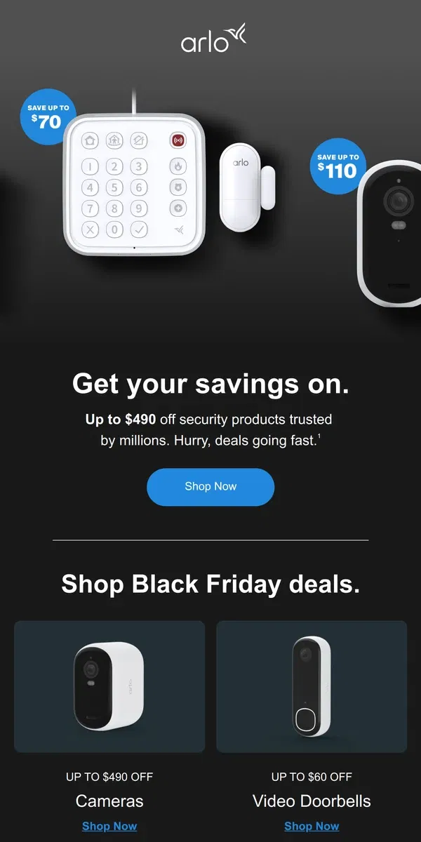 Email from Arlo. Black Friday Blowout: Up to $490 off!