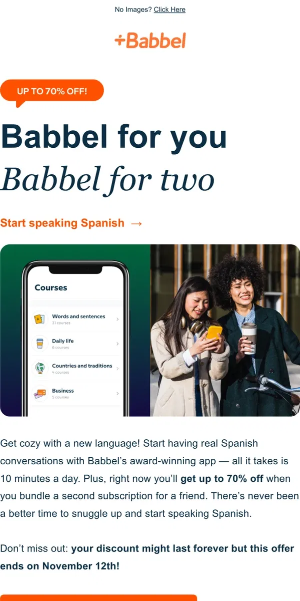 Email from Babbel. All set: We're giving you a 12 months of Babbel for 70% OFF – ¡Consíguelo ahora!