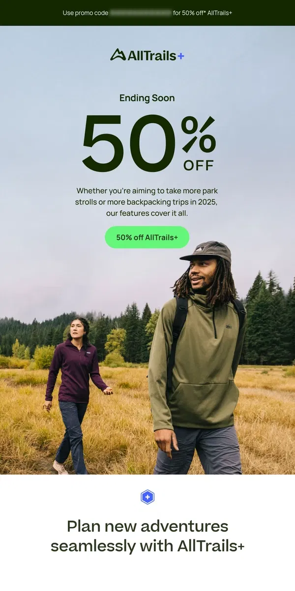 Email from AllTrails. 50% off a year of exploring