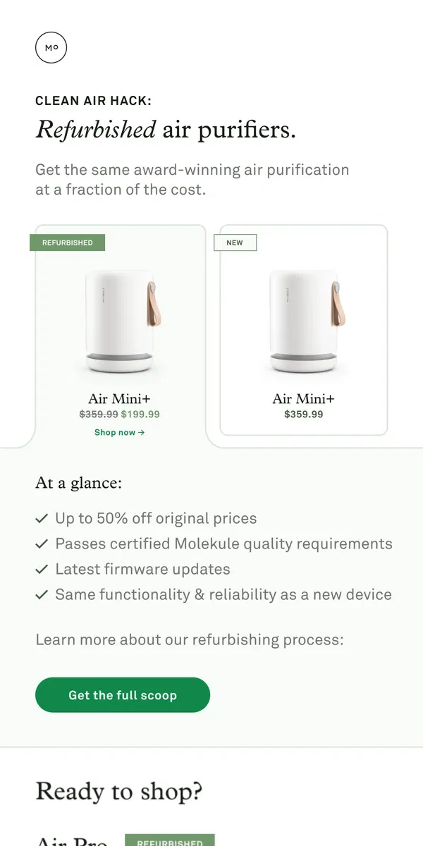 Email from Molekule. Are refurbished purifiers worth it? A: Absolutely