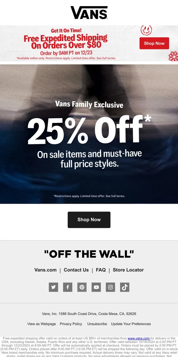 Email from Vans. 25% Off* Must-Have Styles