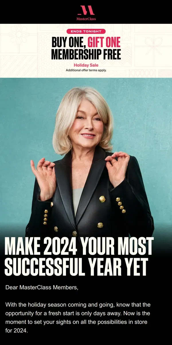 Email from Masterclass. Martha Stewart’s secrets to longevity and success