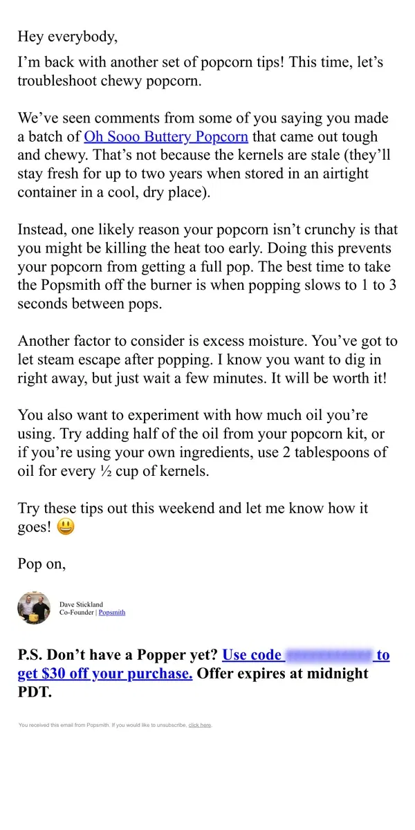 Email from Popsmith. Why your popcorn is chewy (and what to do about it) 🧐