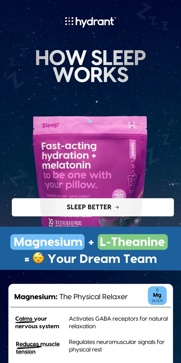 Email from Hydrant. Sleep Science: Meet Your Natural Dream Team