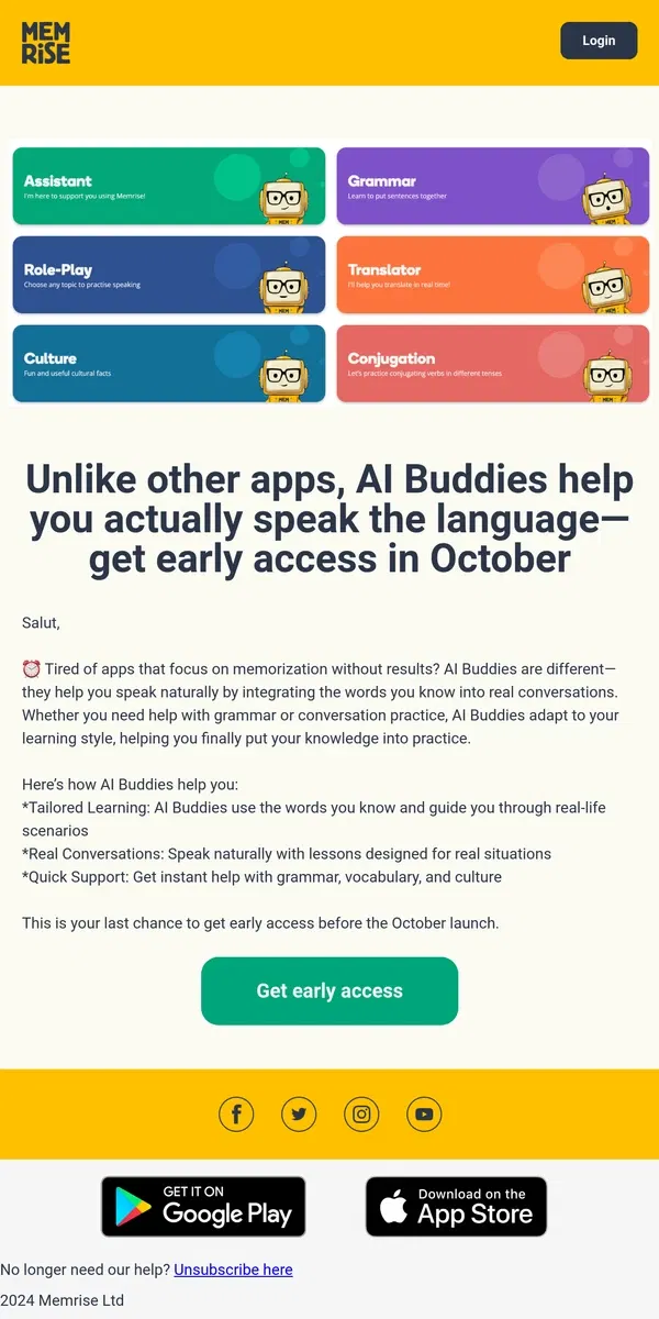 Email from Memrise. ⏰ Tired of apps that don’t help you speak? Try AI Buddies with 60% off!