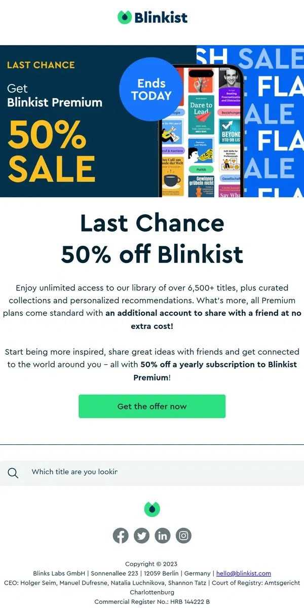 Email from Blinkist. Last chance: 50% off Blinkist Premium