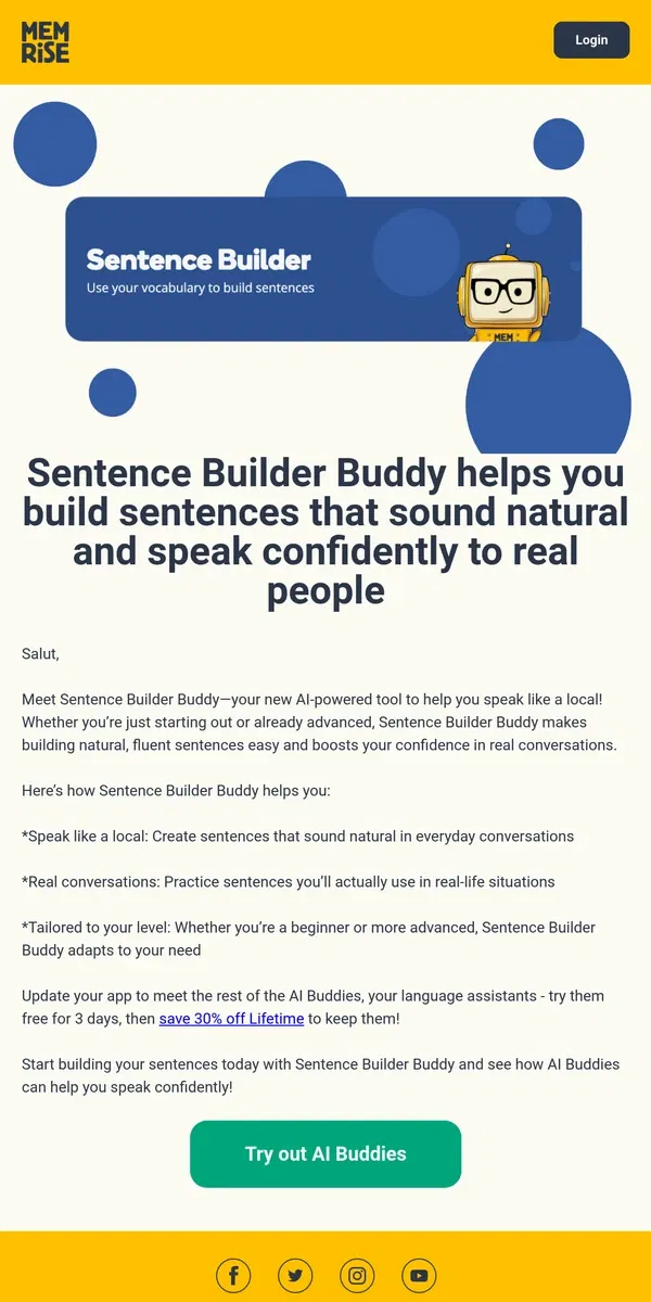 Email from Memrise. 🗣️ Introducing Sentence Builder Buddy—helping you speak like a local!