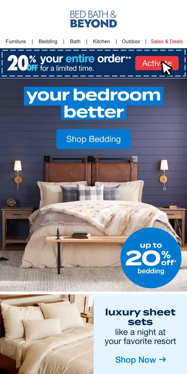 Email from Bed Bath & Beyond. Up to 20% Off Your Coziest Bedroom