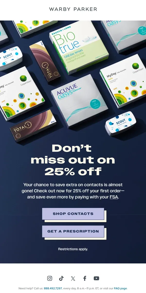 Email from Warby Parker. Interested in 25% off contacts?