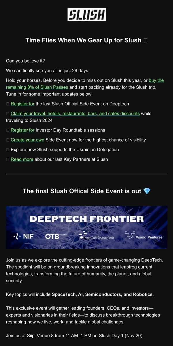 Email from Slush. 29 Days Left Until Slush 2024 🐛