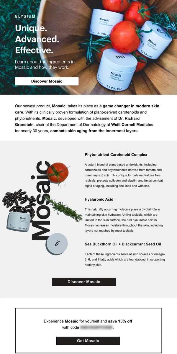 Email from Elysium Health. Mosaic–with ingredients that matter.