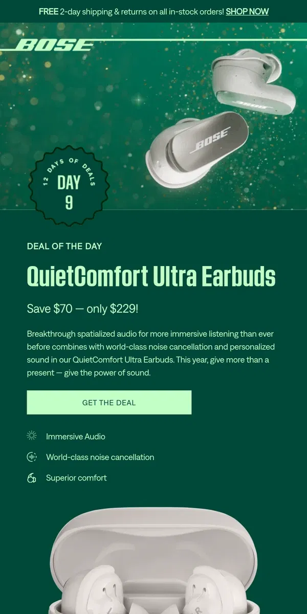 Email from Bose. Today's deal: $70 off QuietComfort Ultra Earbuds!