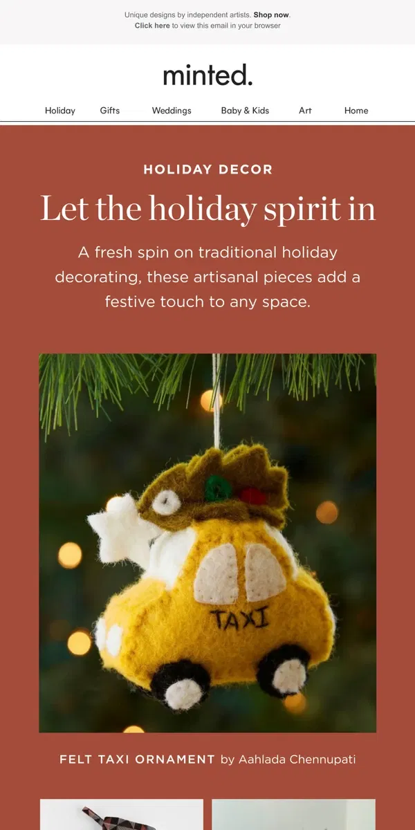 Email from Minted. Decor that doubles as festive & artful