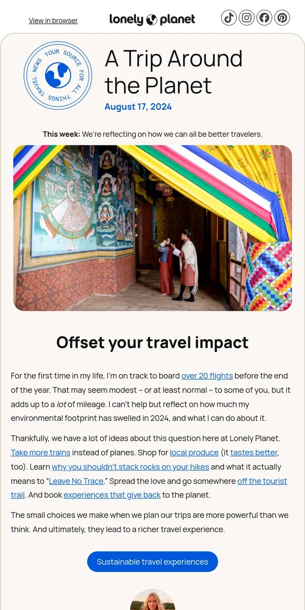 Email from Lonely Planet. 10 ideas for responsible travel