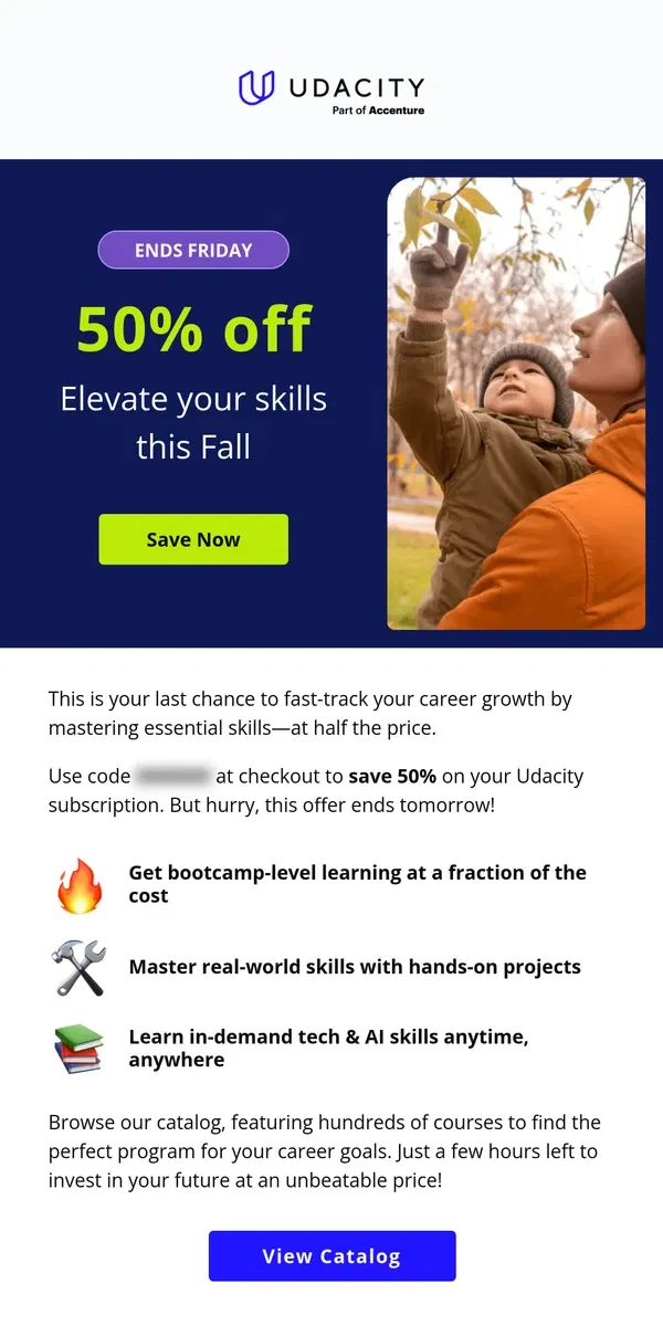 Email from Udacity. Final Hours: 50% off Fall Skills Sale