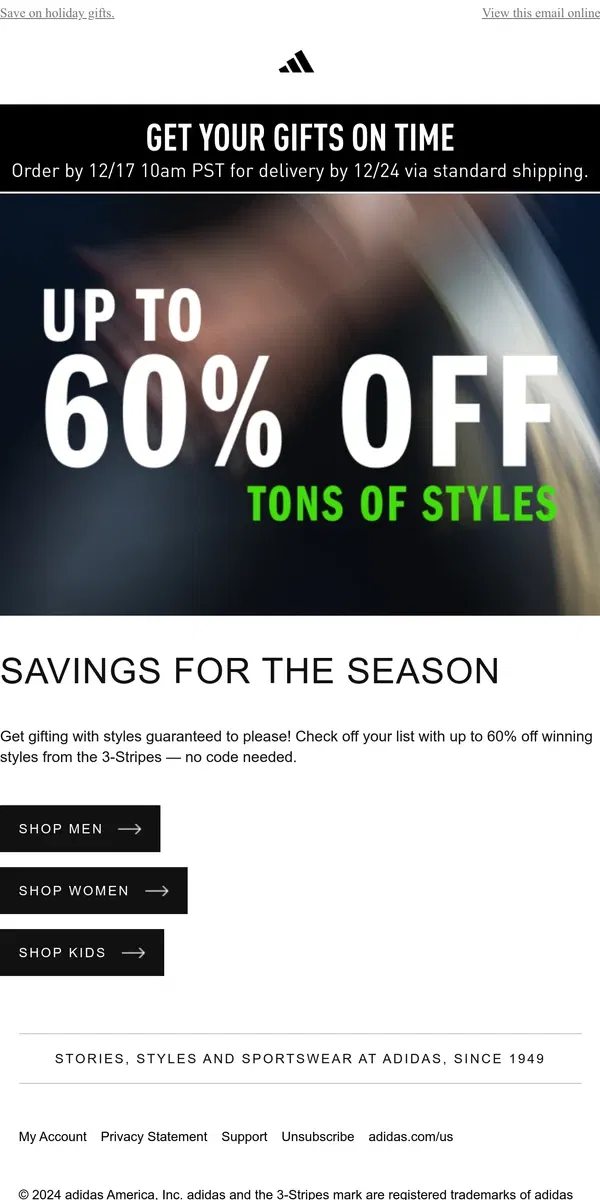 Email from Adidas. Save up to 60% and lock in your gifts 🎁