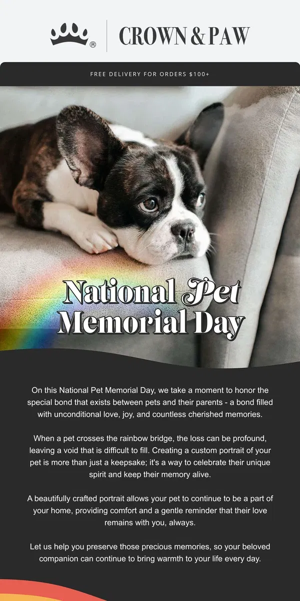 Email from Crown & Paw. A tribute to your beloved pet ❤️