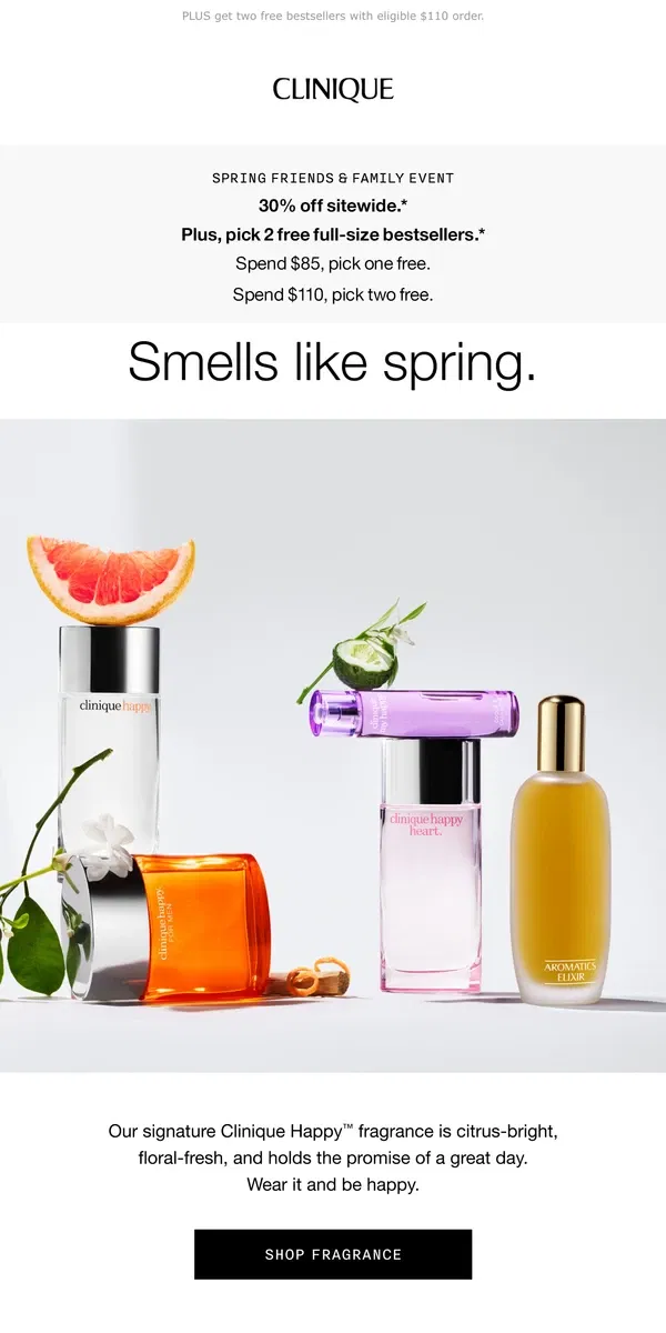 Email from Clinique. 🧡 H A P P Y 🧡 S P R I N G 🧡 Spritz on a Happy fragrance and save 30%.