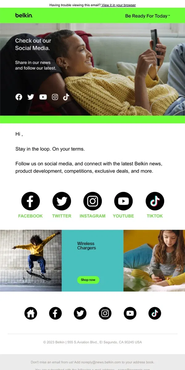 Email from Belkin. Let's Get Social. Connect With Us.