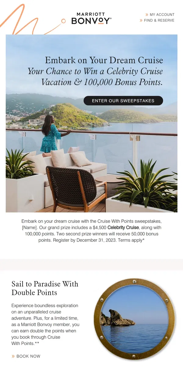 Email from Marriott Bonvoy. [Name], Enter to Win a Cruise and 100,000 Points Inside