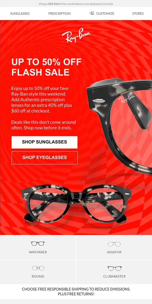 Email from Ray-Ban. Up to 50% off | Weekend flash sale