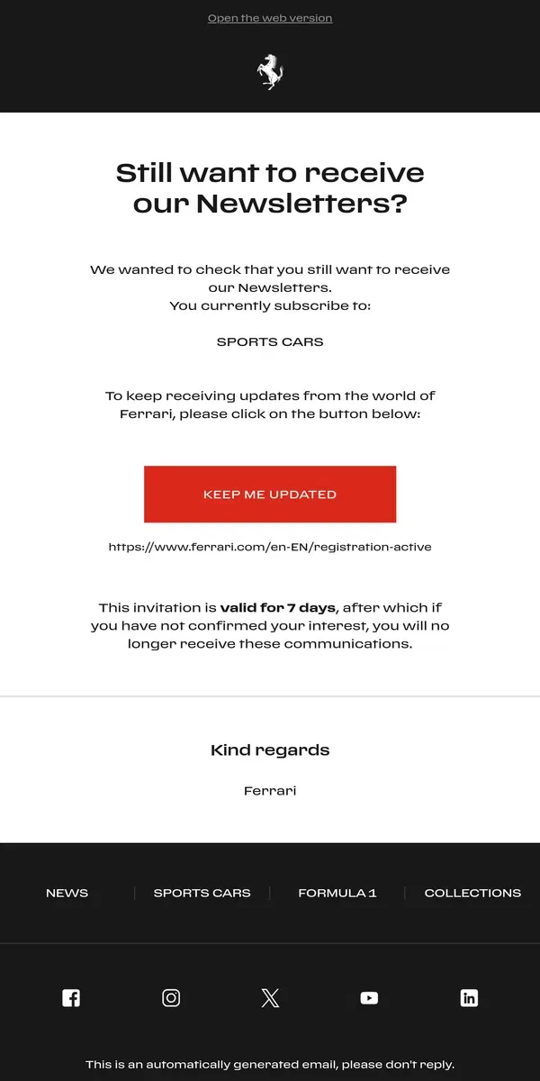 Email from Ferrari. Do you still want to receive our newsletters?