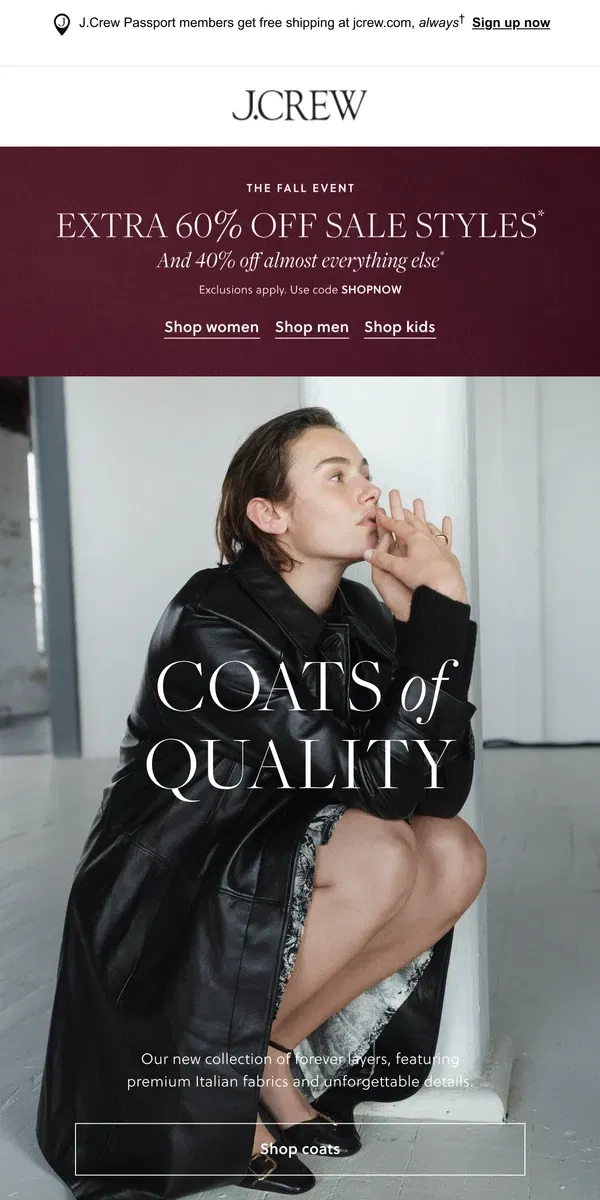 Email from J.Crew. Coats of quality in premium Italian wool, leather & more