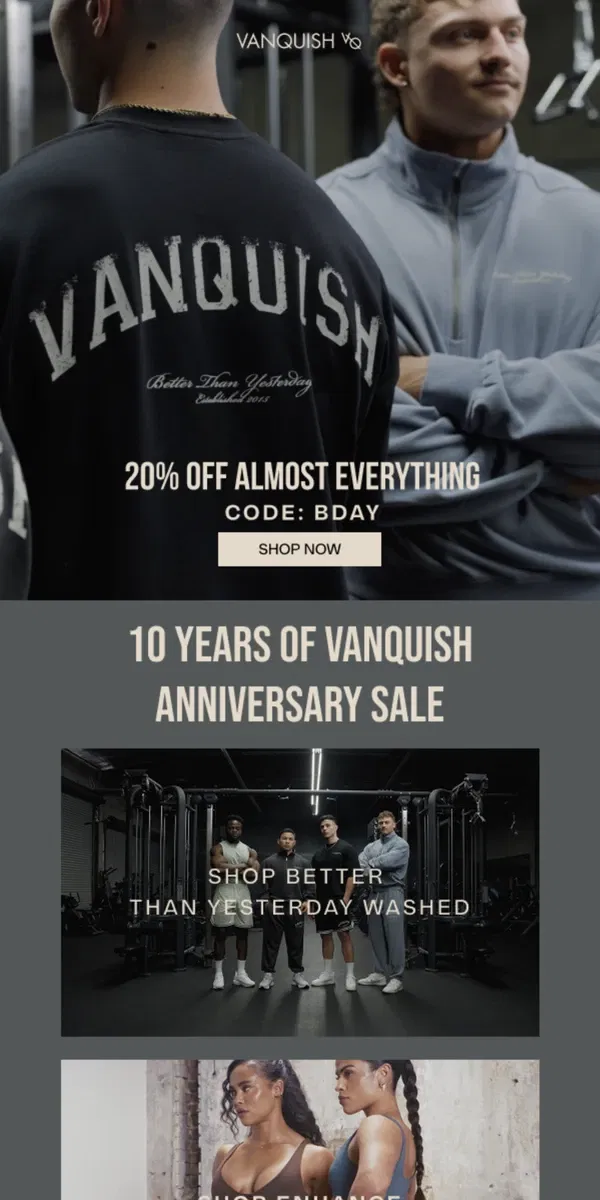 Email from Vanquish Fitness. Celebrating 10 years of VQ 💪