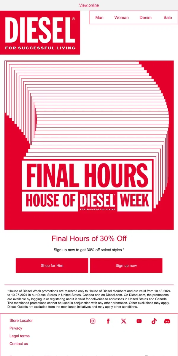 Email from Diesel. 30% Off Final Hours