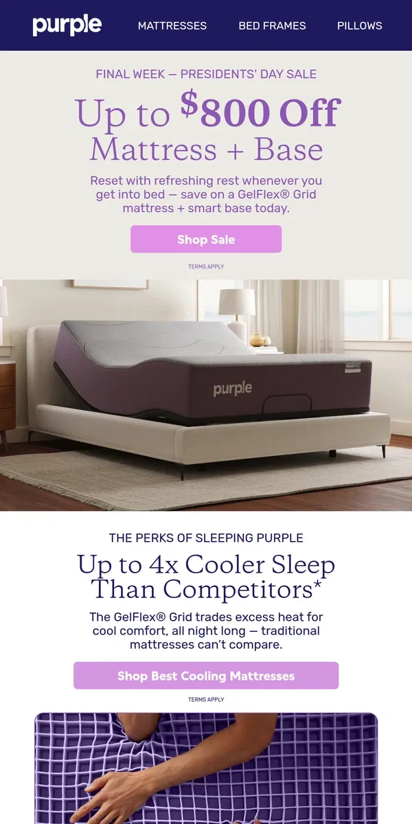 Email from Purple. Final Week: Up to $800 Off Mattress + Base