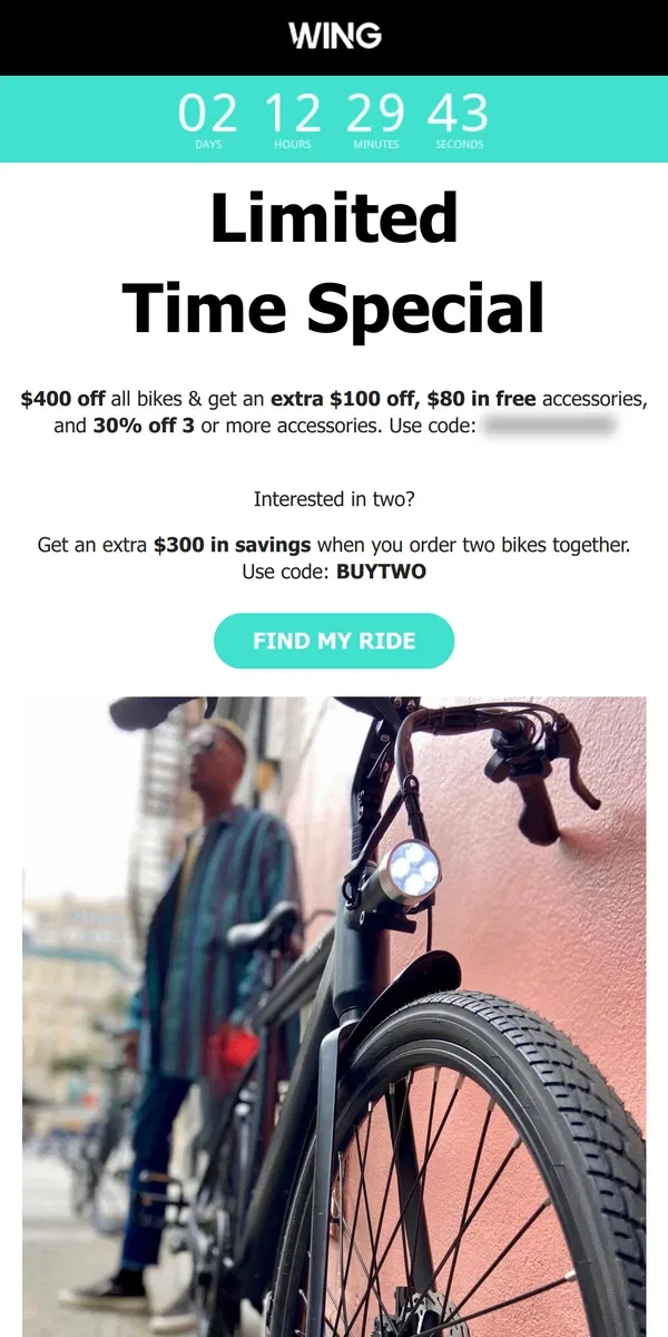 Email from Wing Bikes. Unbeatable savings happening right now 💥