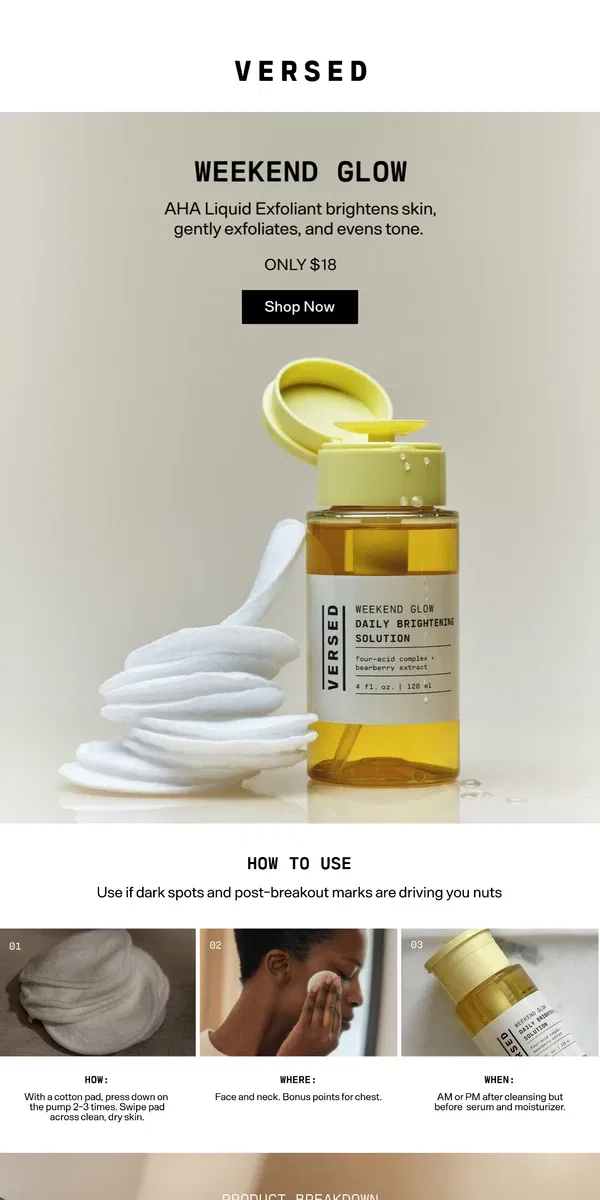 Email from Versed Skin. The Solution To Dark Spots & Uneven Texture