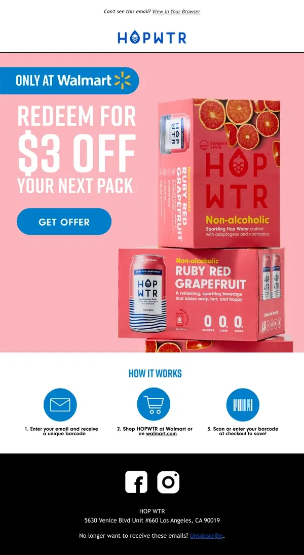 Email from HOP WTR. 🚨Walmart Exclusive: Save $3 on Your Next 6-Pack🚨