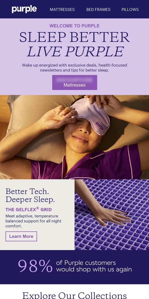 Email from Purple. Welcome to Deeper Sleep