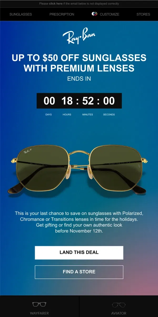 Email from Ray-Ban. Don’t miss $50 off sunglasses with premium lenses