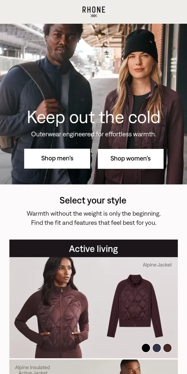 Email from Rhone. Outerwear for everywhere