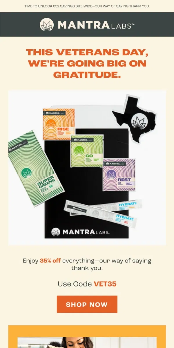 Email from MANTRA Labs. Veterans Day Sale: Saluting with Savings—35% Off Everything!