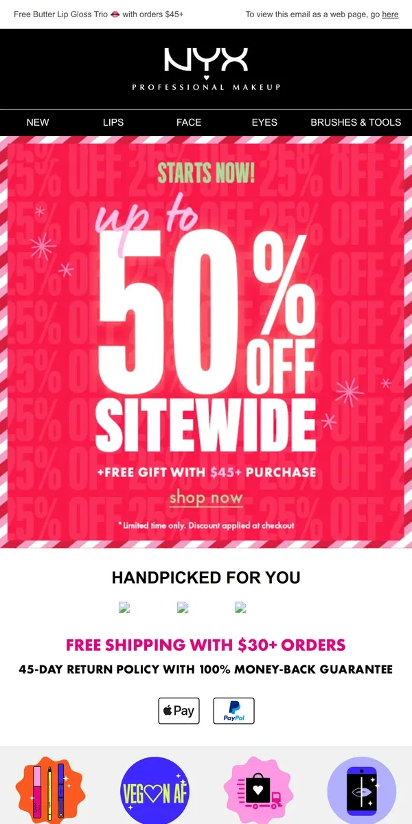 Email from NYX Professional Makeup. Up to 50% off SITEWIDE!