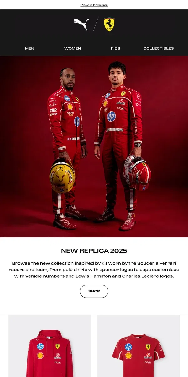 Email from Ferrari. Now available: new 2025 Replica Collection