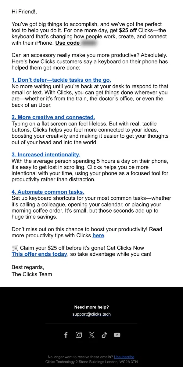 Email from Clicks. Last Chance: $25 Off Clicks for Productivity Day! 🚀