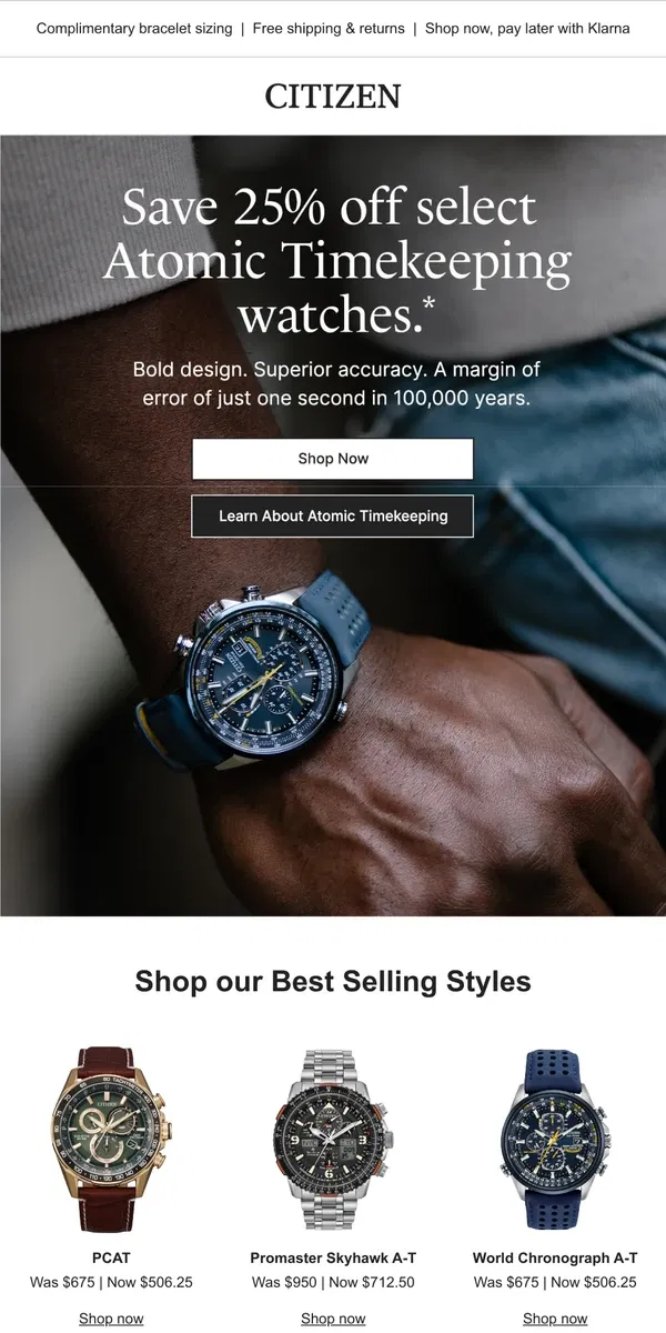 Email from Citizen Watch. Save 25% Off Atomic Timekeeping Watches - for a limited time