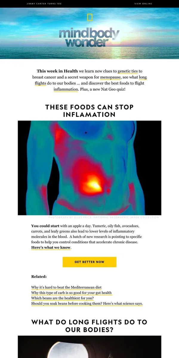 Email from National Geographic. These foods can cut inflammation; what long flights do to you