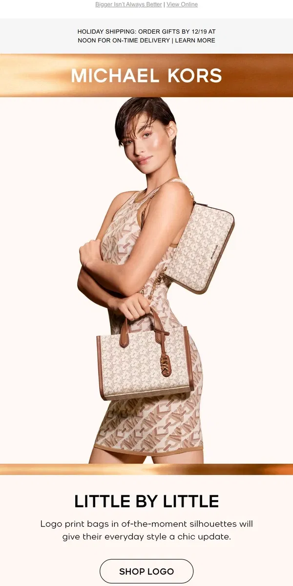 Email from Michael Kors. Top Gift Pick: A Little, Logo-Splashed Bag