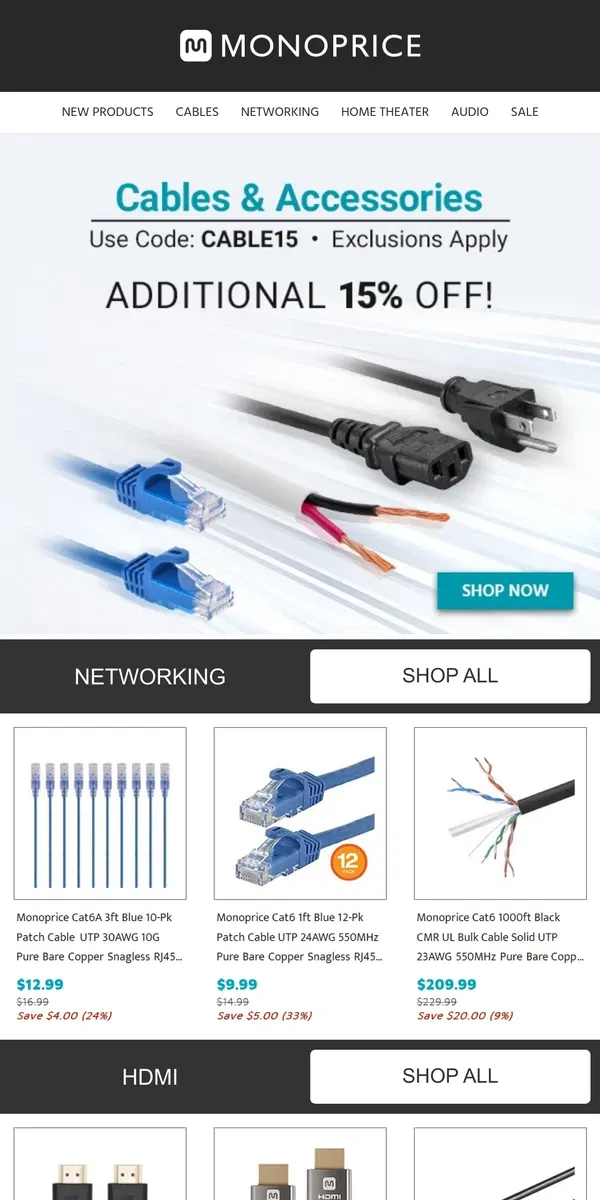 Email from Monoprice. Extra 15% OFF CABLES | Pre-Black Friday DEAL!