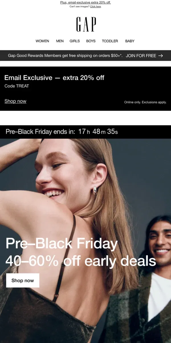 Email from GAP. Announcing 40–60% off ends @ midnight