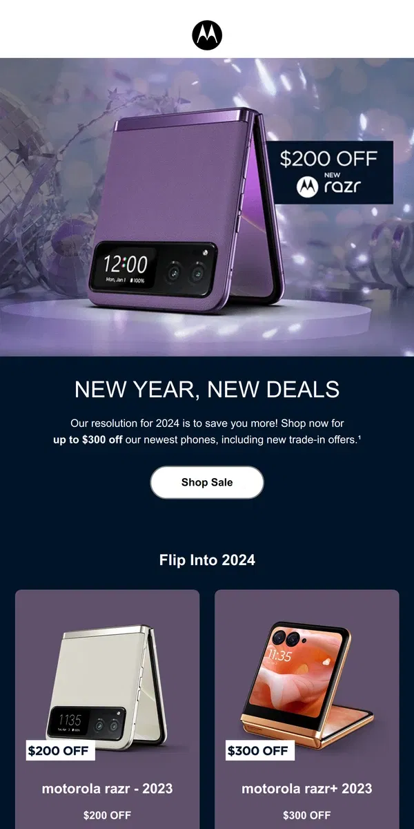 Email from Motorola. New Year, New Deals: UP TO $300 OFF 📱