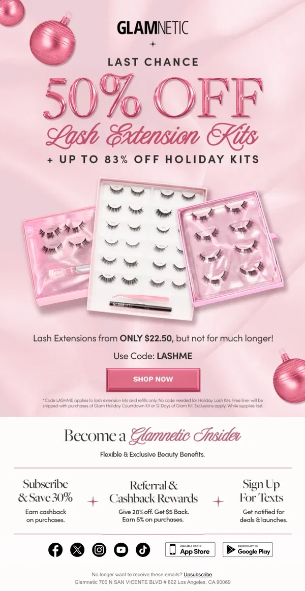 Email from Glamnetic. 50-83% OFF Lash Extensions & Holiday Kits Ending 🚨