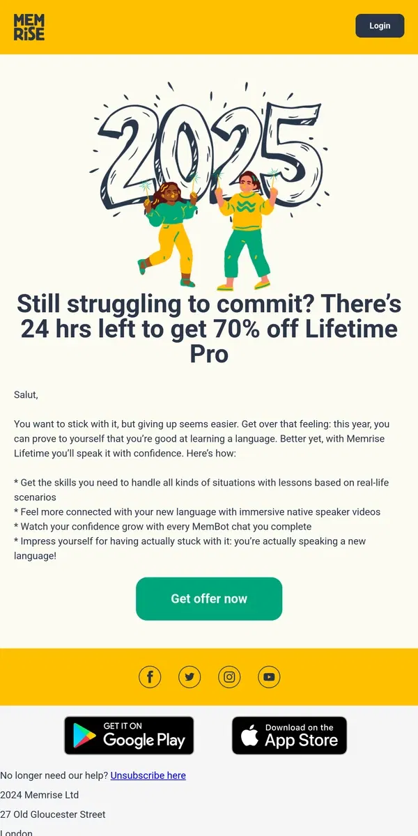 Email from Memrise. ⌛ Final hours to claim 70% off Lifetime Pro –see how good it feels to beat the urge to quit and keep your resolution